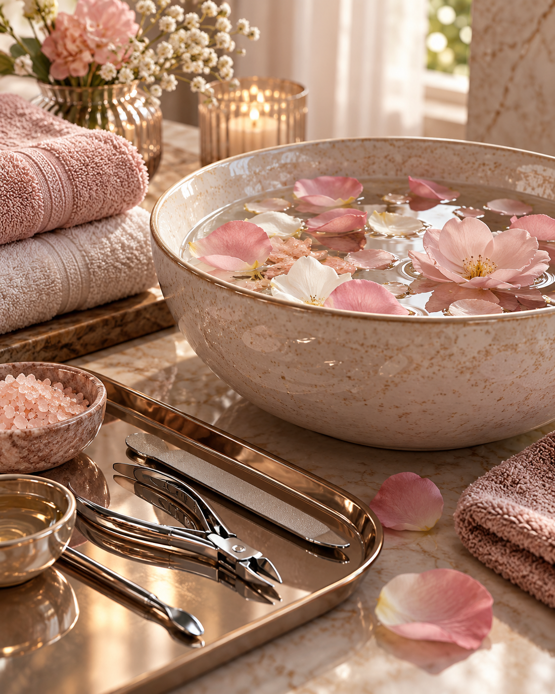 Illustrative spa still life of folded towels, a petal soaking bowl and tools on a tray